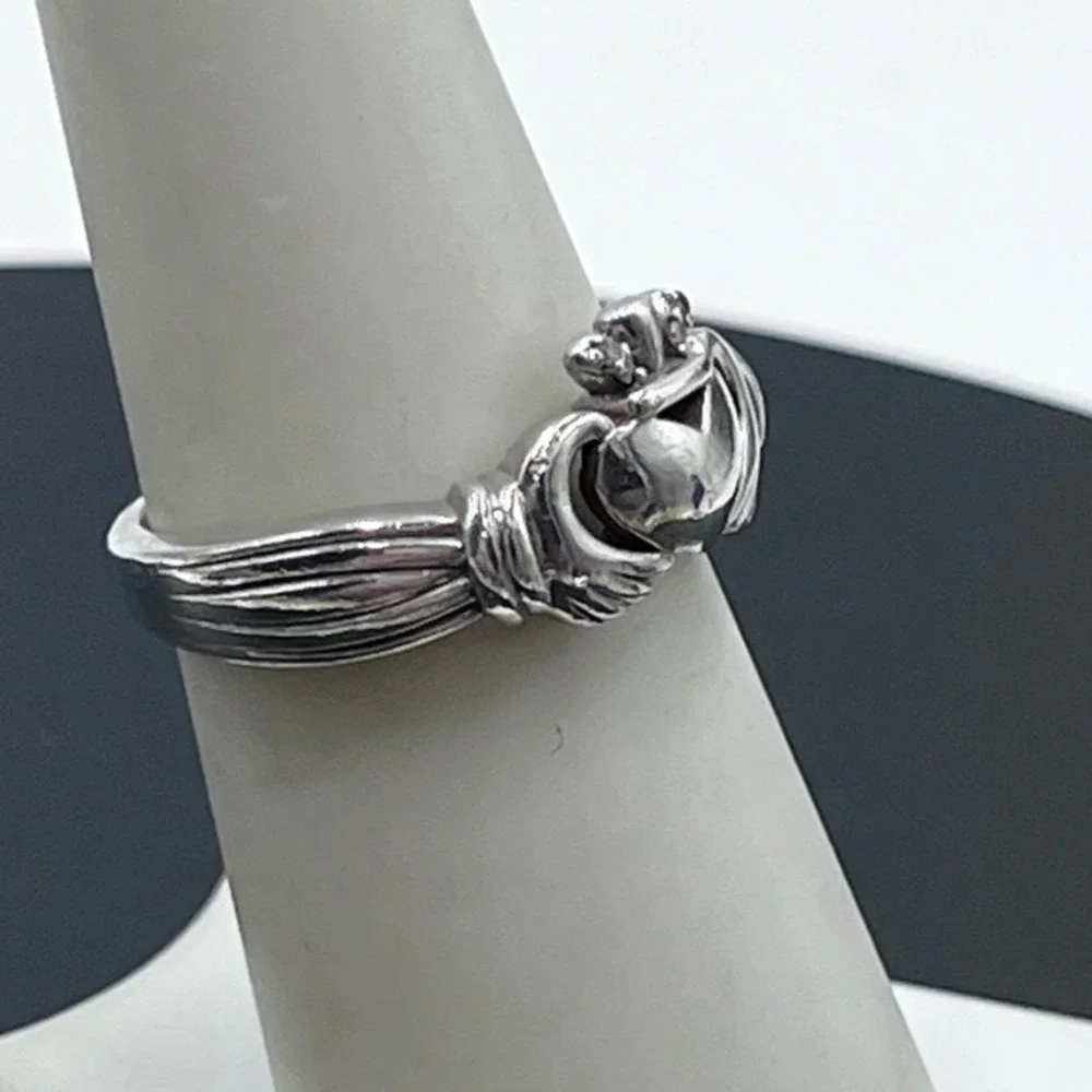 LJ Lucent Jewel Vintage Sterling Silver Irish Claddagh Ring Diamond Accents 7.25